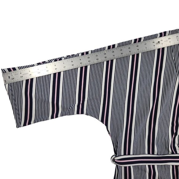 Laura Ashley Wrap Dress Size Medium Blue White Pink Striped 3/4 Sleeve - Picture 7 of 7